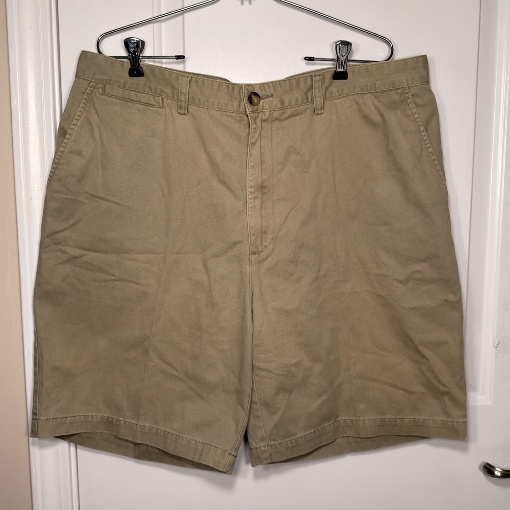 St Johns Bay Mens Khaki Chino Shorts Flat Front Cotton Twill Tan Size 38